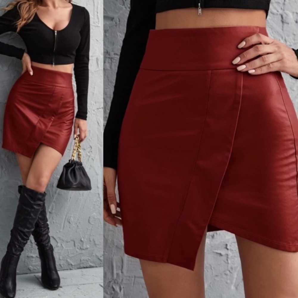 Red Asymmetrical Wide Waist Vegan Leather Bodycon Skirt - Picture 5 of 12